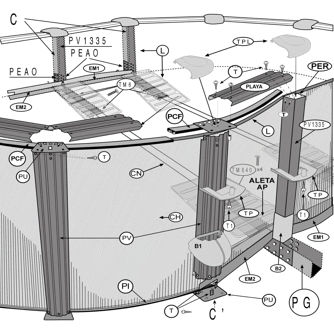 Ersatzteile Graphitoptik Ovale Pools mit Omegas-System von 132 cm