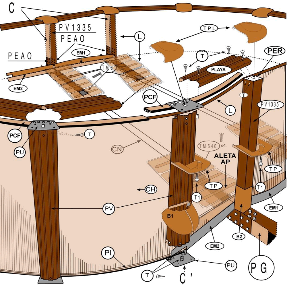 Ersatzteile Holzoptik Ovale Pools mit Omegas-System von 132 cm